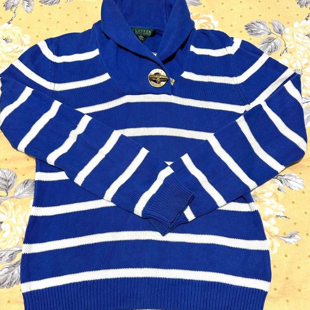 Lauren Ralph Lauren Women's Cowl Neck Long Sleeve Blue White Sweater size LARGE